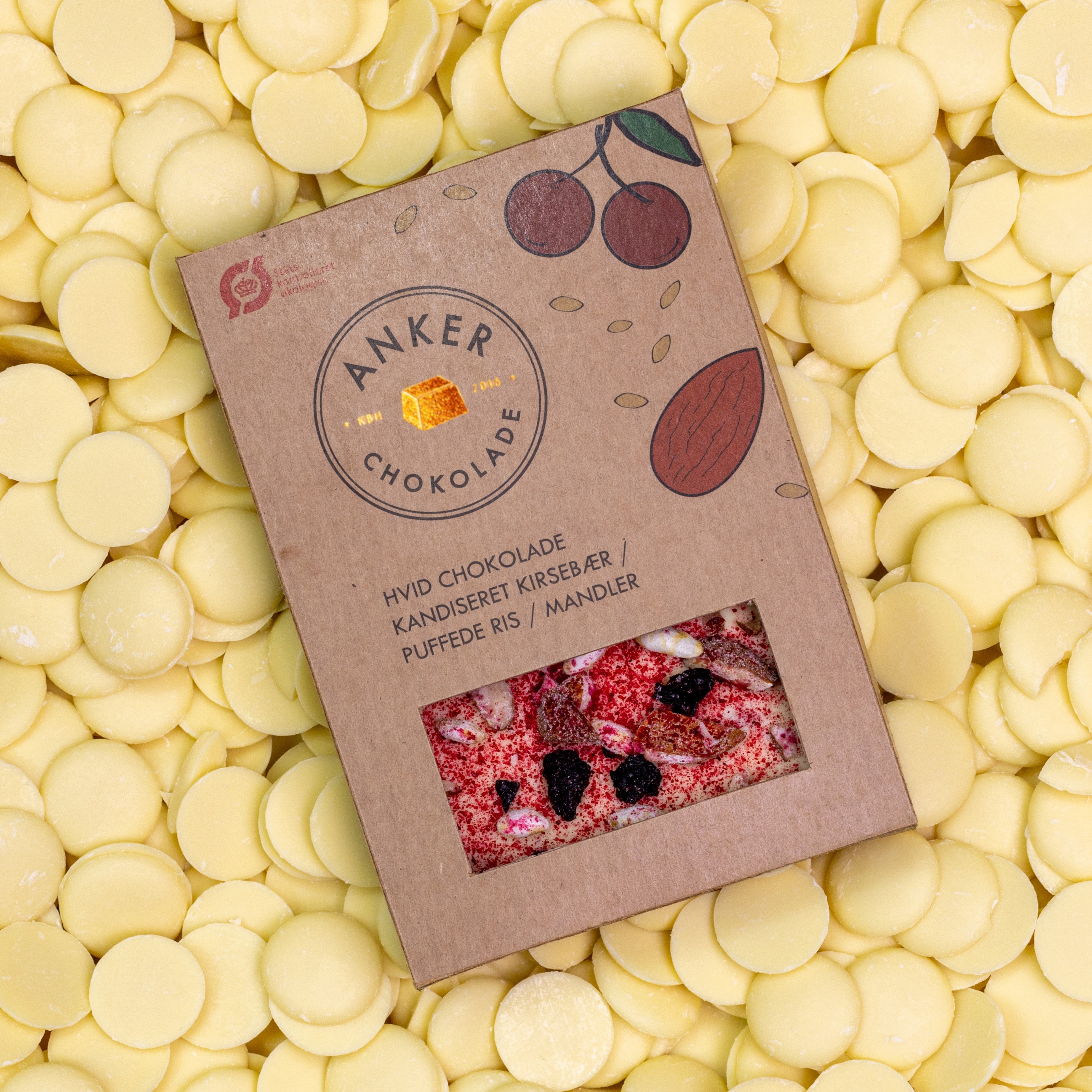 Anker Chokolade - Plade - Kirsebær, Puffede Ris & Hvid Chokolade