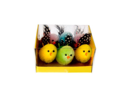 Butik Square - Påskepynt - Kyllinger i plys mixet farver med prikket halefjer