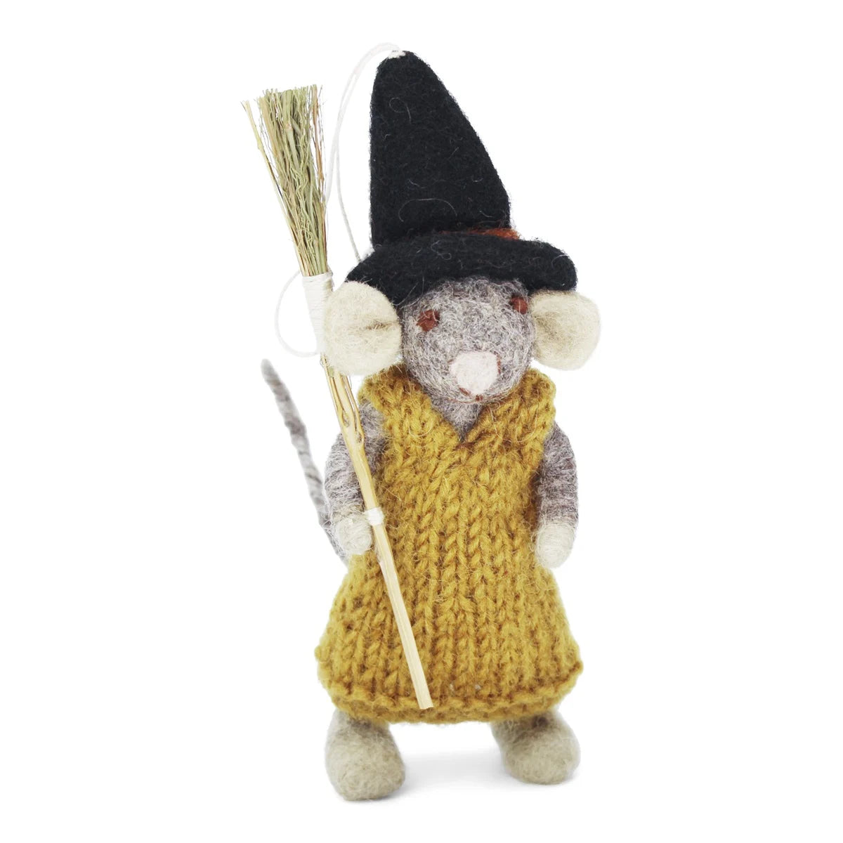 Gry & Sif - Halloweenmus - Okkerfarvet kjole og heksekost